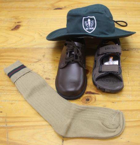Golf Shirt Khaki Shorts Long Khaki Socks Brown Velcro Sandals Brown School Shoes HPS Sunhat/Peak