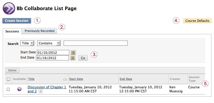 The tabs allow you to switch between scheduled session and recordings of past sessions. The recorded sessions will appear in a list (if not change the search parameters) and click the title to view.