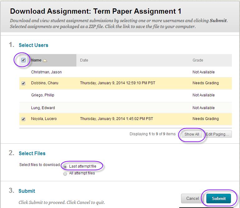 2. Click "Show All". 3. Click this box to mark all student's files to be downloaded. 4.