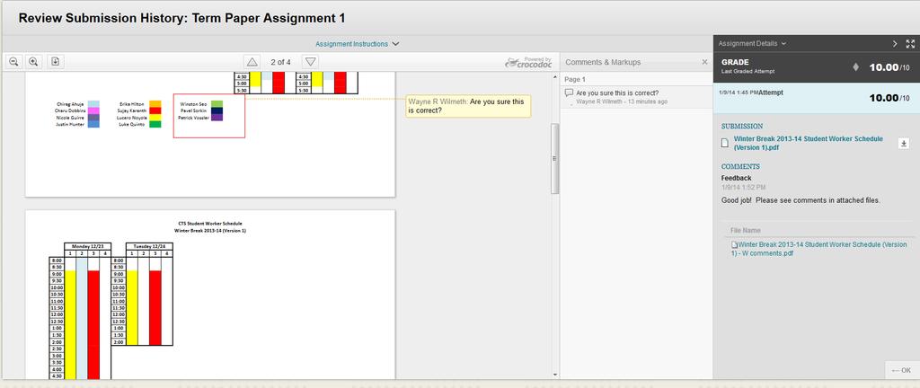 Any annotations made from within Blackboard will appear here. The student's grade will appear to them here.