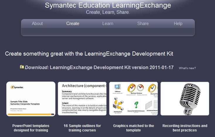 Create: The Create page provides a link to download the LearningExchange Development Kit (LDK).