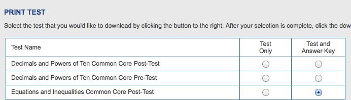 Print the Post-Test 1) Click the Print Test button in the top bar 1) Click the Math Navigator Common Core link 2) Select the Post-Test of your module and