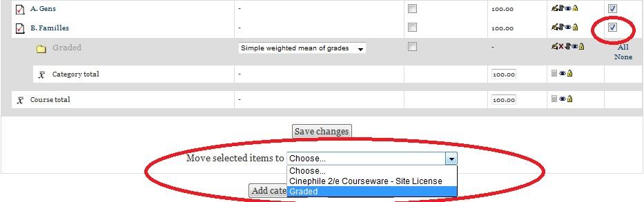 Check quizzes that you want to be graded, and move them to the category you created in step 2.