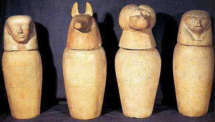 Info Cards Egyptian Canopic Jars Used in the funeral rituals to preserve the viscera (organs) of the deceased after embalming.