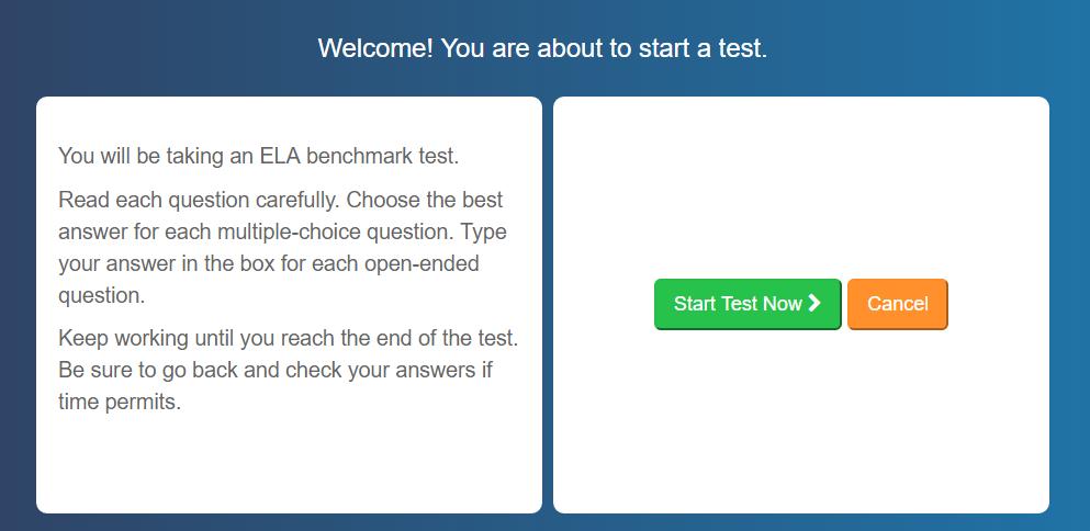 Click on the green bar with the scheduled test name to launch the test. 3. The welcome screen provides basic test instructions.