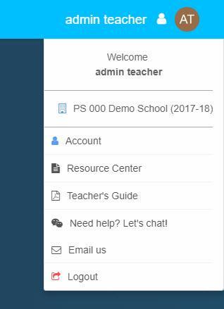 You will see the name of your school, as well as links to your account settings, the online Resource Center, live chat and log out. 2.
