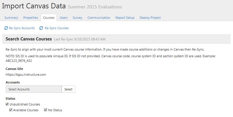 Once the course sync is finished, go back to your project and select Courses from the top menu. Go back to the Canvas Data Import.