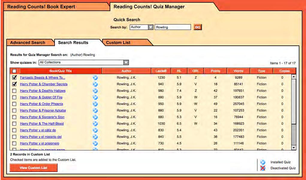 Creating a Custom Quiz List The Quiz Manager allows teachers to perform several searches and edit or print the results from each search in a Custom Quiz List.