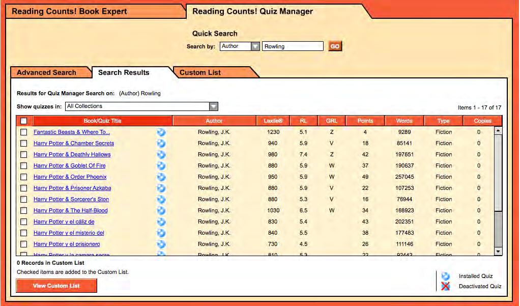 Using Quick Search to Find Quizzes The Reading Counts! Quiz Manager Quick Search searches the database of installed quizzes associated with books, authors, or titles.