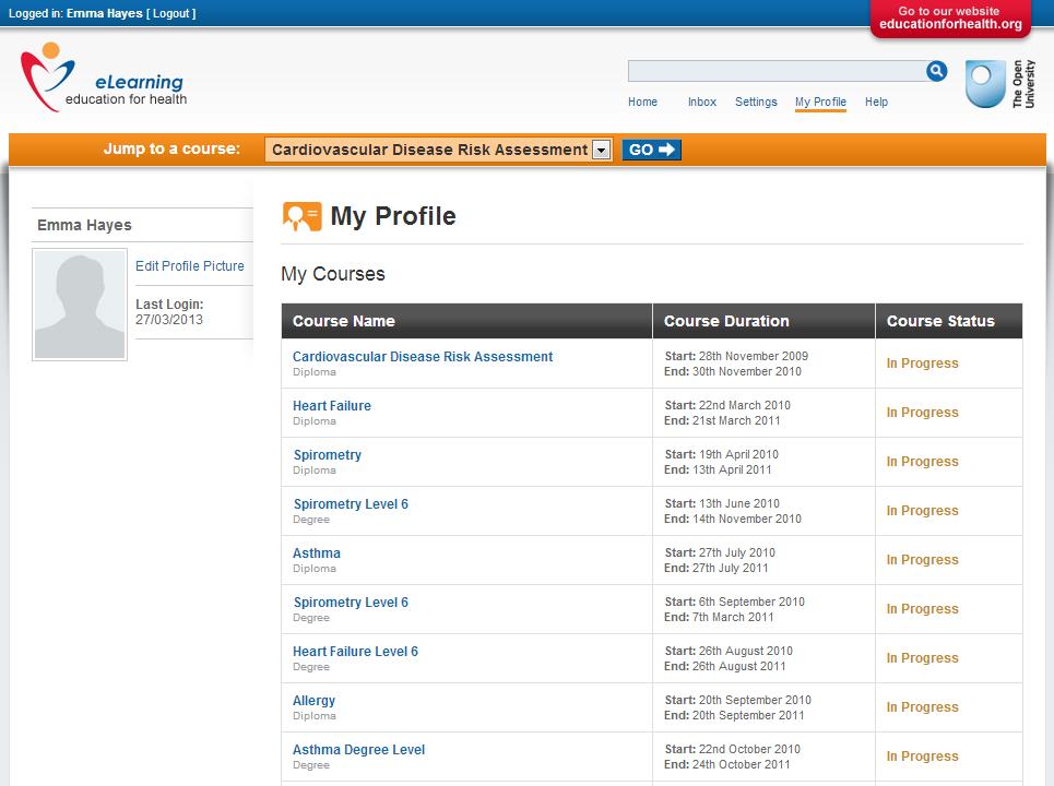 The My Profile link will show you all of the modules which you have been enrolled onto.