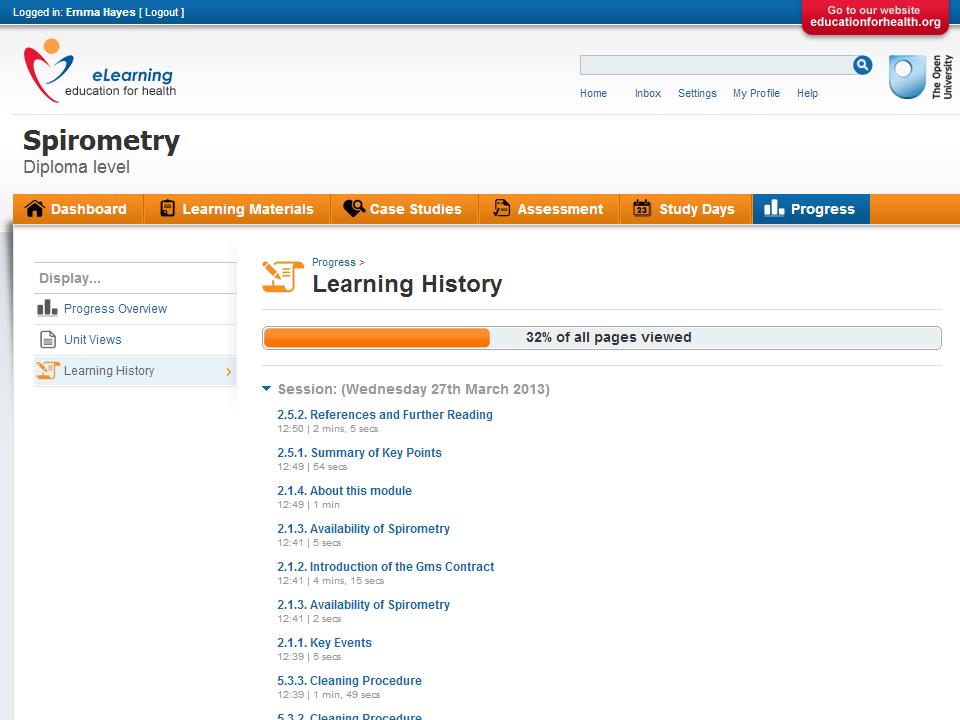 The Learning History link is a record of which pages you have viewed, and is another way for you to quickly find the page that you were last looking at.