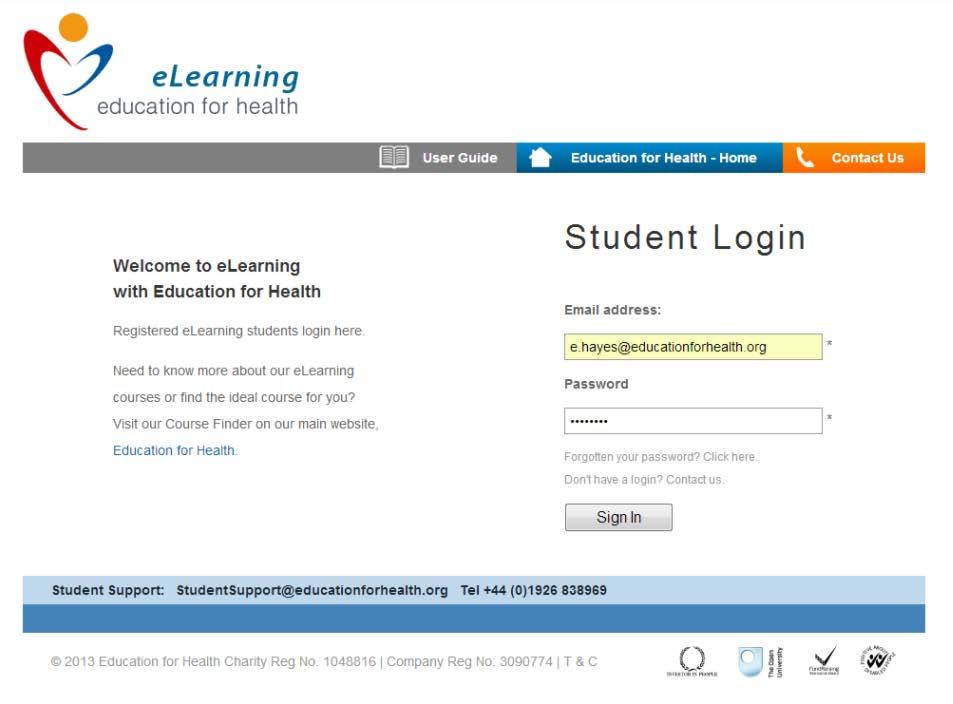 http://elearning.educationforhealth.org/ Contents Page Please note that as a security feature, if you are inactive for more than 16 minutes you will be asked to log in to the VLE again.