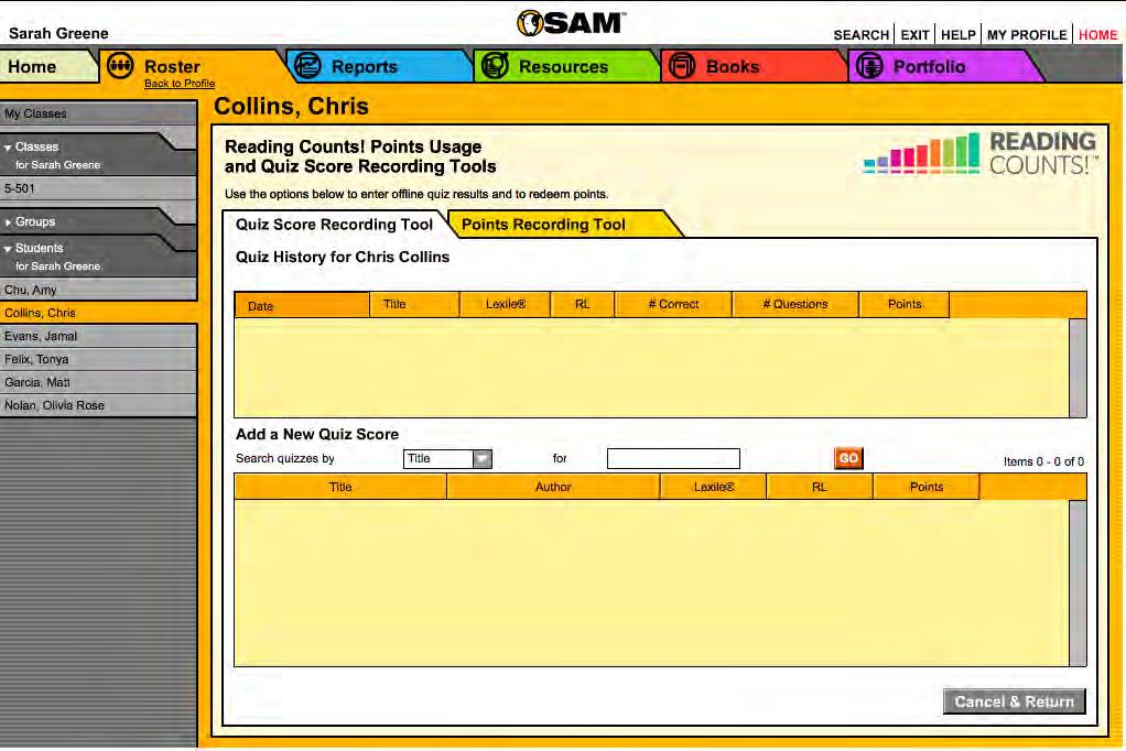 Using the Quiz Score Recording Tool Tab Once students have completed Reading Counts!