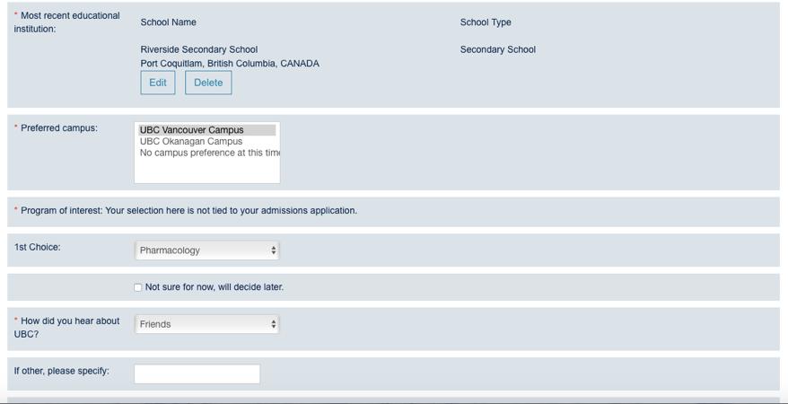 Completed Application Form for UBC https://account.