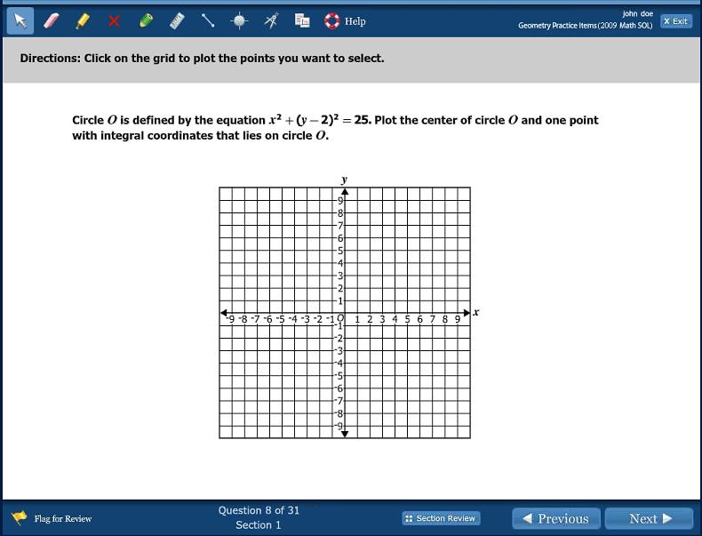 Question 8 is another graphing technology-enhanced item where two points are required to completely answer the item. Read the directions and the item to yourself and then plot the two points.