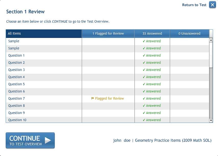 The Section Review screen shows which questions have been answered, which questions have not been answered and which questions you have flagged for review.