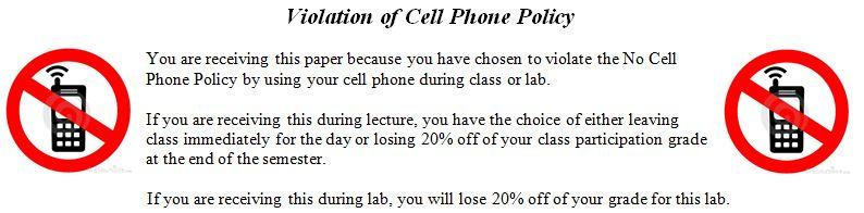 Policy on Cell Phone Usage: There is a strict no cell phone policy during lectures and labs.