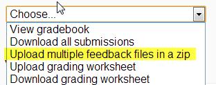 UPLOADING MULTIPLE FEEDBACK FILES It is also possible to upload multiple feedback files as a zip, from the dropdown above the grading list: Download the students' assignments using the Download all
