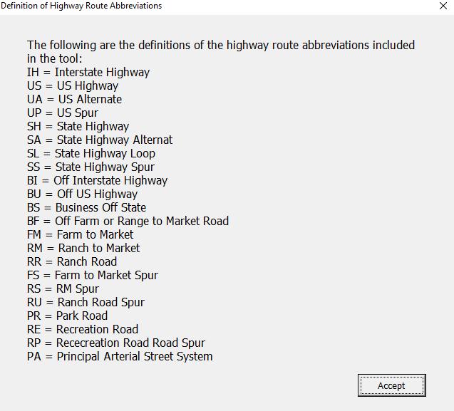 Definition of Highway Route Abbreviations When the user clicks the Definition of Highway Route Abbreviations button, a new window will open.