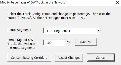 Figure 36. Modify Percentages of OW Trucks in the Network window Table 11 