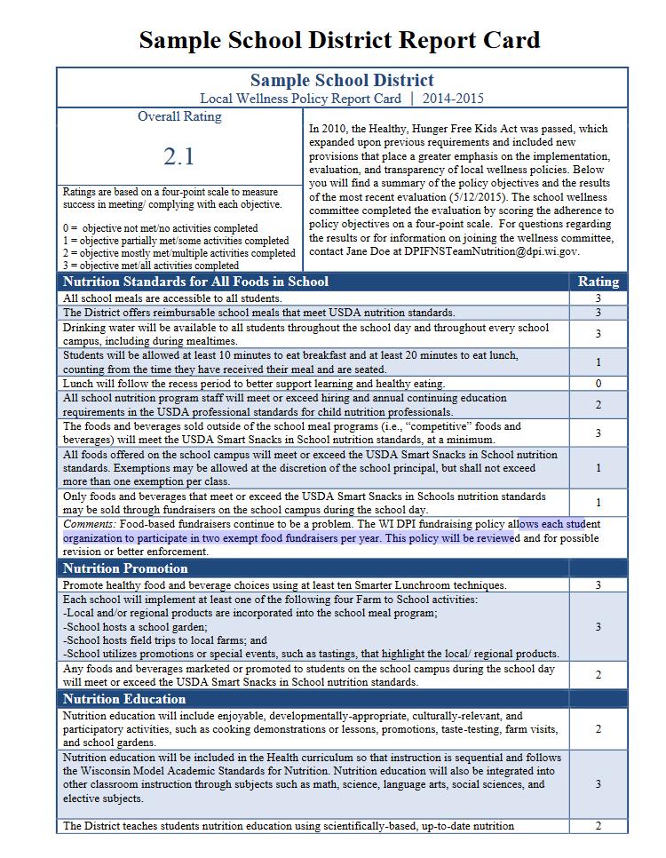 Wisconsin Local Wellness Policy Report Card Tool Allows schools/districts to enter policy-specific objectives