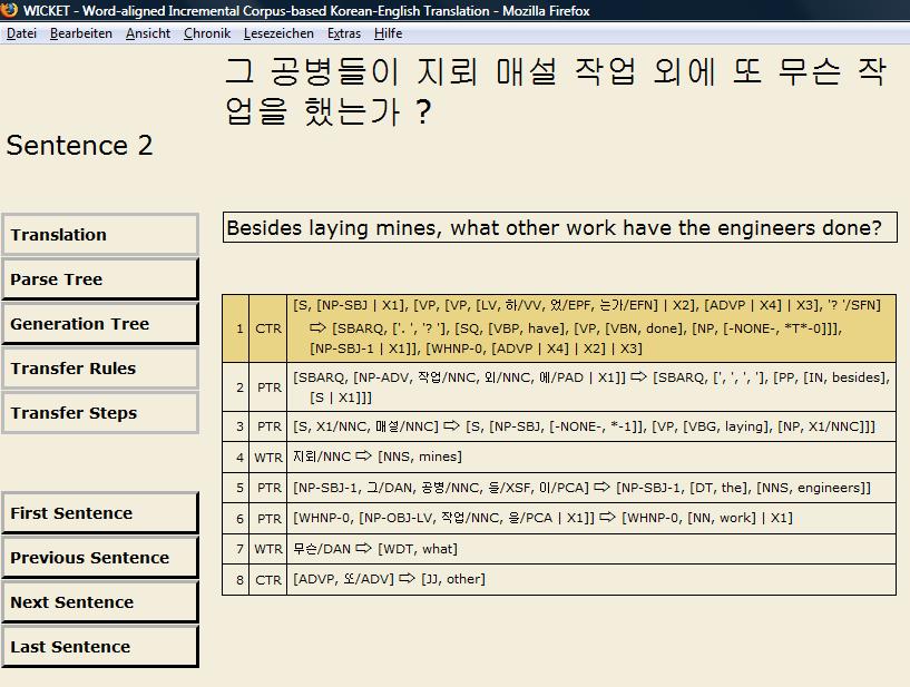 Fig. 5: Screenshot of transfer step The transfer module traverses the Korean parse tree top-down and searches the rule base for transfer rules that can be applied.