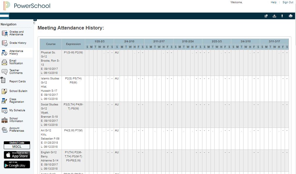 Attendance History The Attendance History page displays information about a student s attendance record