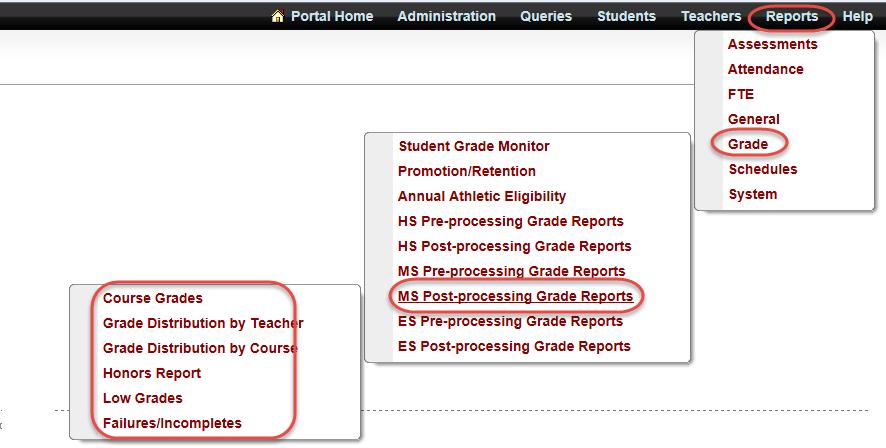 The report can be sorted by Student Name, Course Title, Teacher Name or Grade Level. The report will export to CSV (Excel) for multiple uses. b. Report SSP6030 Grade Distribution by Teacher Shows a breakdown of all posted grades, sorted by teacher c.