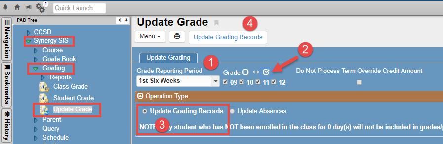 Update Grading Record for Grades & Attendance PAD Tree Synergy SIS Grading Update Grade Required for Teachers to Post Grades 1.