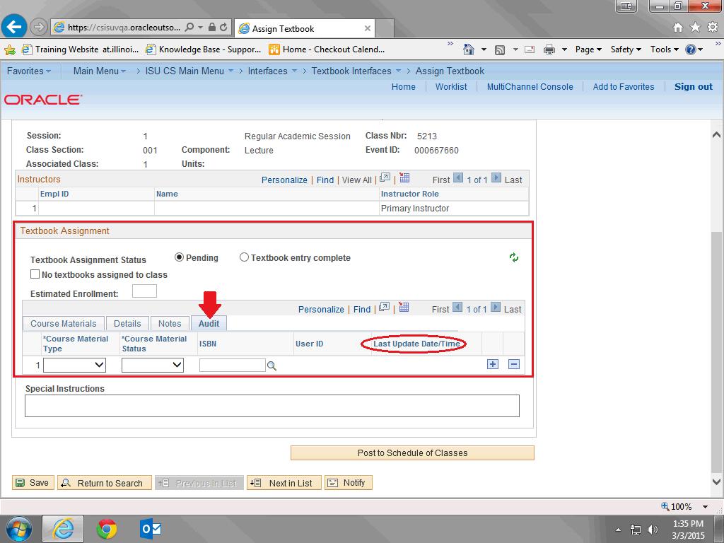10. Use the Audit tab in the Textbook Assignment section to review Last Update Date/Time.