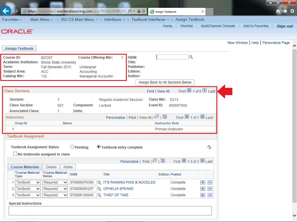 4. The Assign Textbook tab displays the Course ID, Class Sections, and Instructors details.