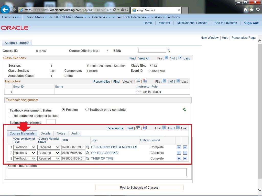 7. The Course Materials tab in the Textbook Assignment section displays any course materials assigned to the