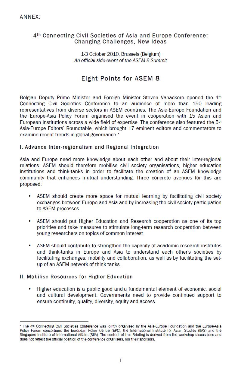 II. RECOMMENDATIONS FROM THE 4 TH CONNECTING CIVIL SOCIETIES OF ASIA AND