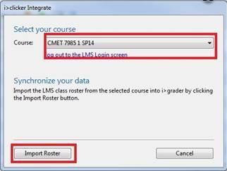Now, select your course from the drop-down list > Import Roster: After the first "Import Roster" the i>clicker Integrate Wizard will prompt you to "Restart i>grader": At this point, a list of your
