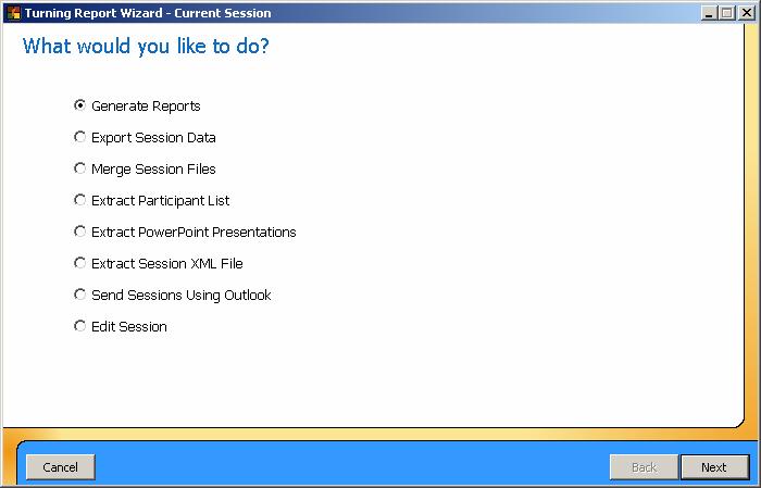 IITS Workshop Handout: TurningPoint Page 13 Post-Presentation Actions When you finish your presentation you may want to save your data in a Turning Report in Word or Excel. 1. To create a report of your presentation results, click on the Tools button and select Turning Reports 2.