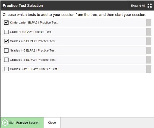 3 Start a test session. a. In the Test Selection window, select the test(s) to administer. b. Click Start Practice Session.