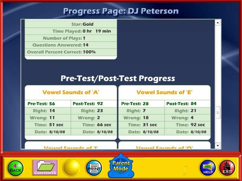 Pre-Test and Post-Test. Click on the Print button next to the Parent Mode button to print this report.