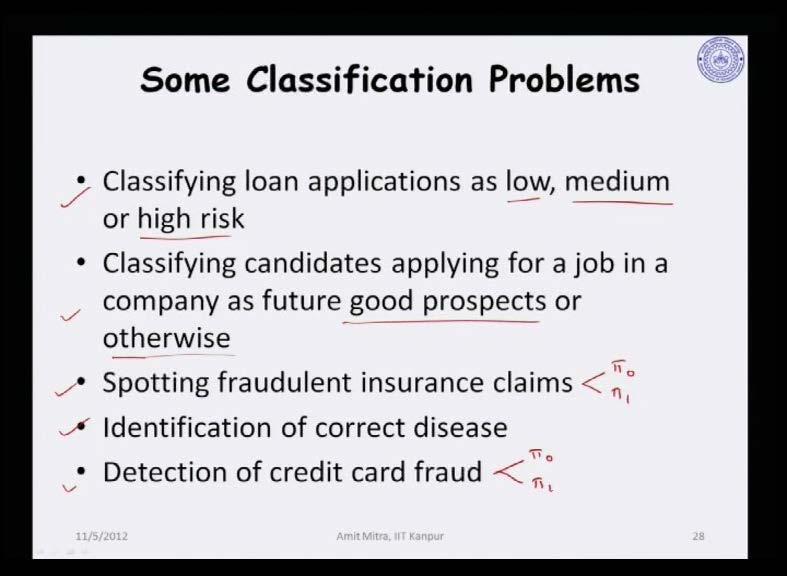 (Refer Slide Time: 54:26) Some practical problems classifying loan applications to a particular financial institution as that of three possible classes, so, this is a three class problem.