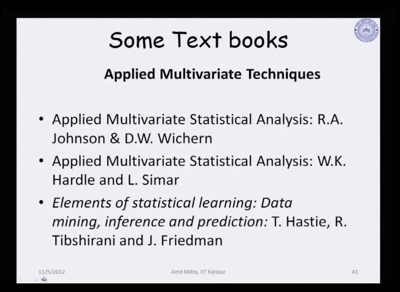 (Refer Slide Time: 59:16) These are mainly theoretical books here. When one talks about applied multivariate techniques there is once again whole lot of such books available in the literature.