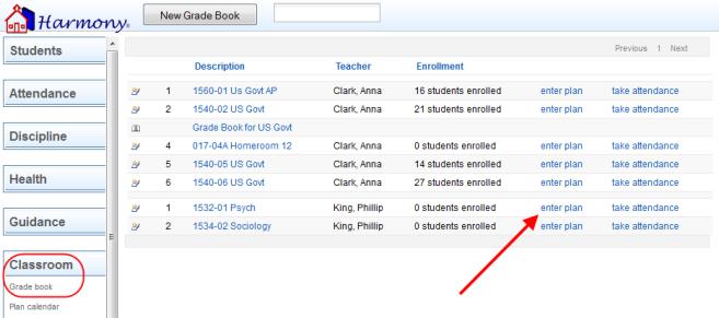 Harmony 3 Elementary Teacher Training 20 To enter a new lesson plan, go to the Classroom Grade Book view. Choose the class you wish to enter the plan for and click the Enter Plan link next to it.