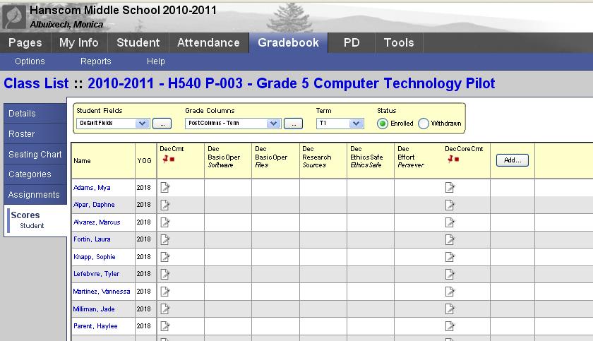 Entering Grades - Class Input View NOTE: It is strongly recommended that you have a copy of the report card or descriptors when using this view The Class Input view is used to enter grades for all