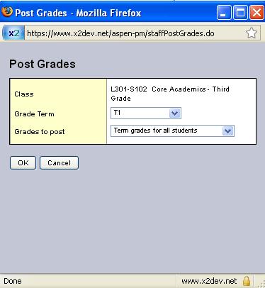 The Post Grades dialog box: Verify the Class you are posting your grades for. Select the Grade Term you want to post grades for: T1, T2 or T3 Select the Grades to post.