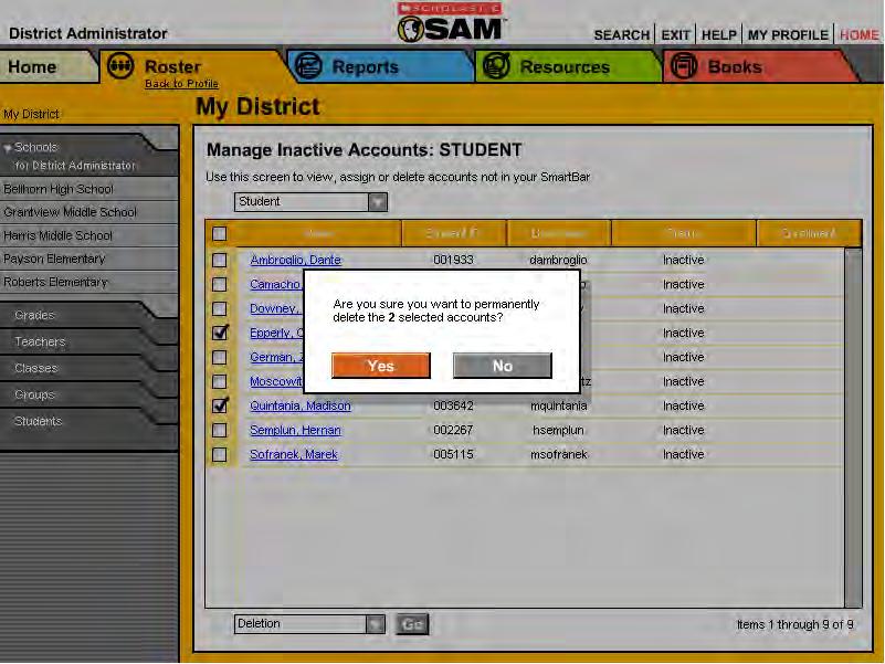 7. To delete accounts from SAM: Select the Deletion option.