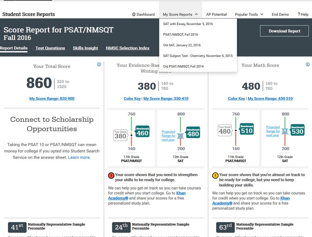 Student Online Dashboard The student score report has a variety of information October 2017 PSAT 10 Spring 2017 PSAT 8/9 Fall 2016 View past scores Find