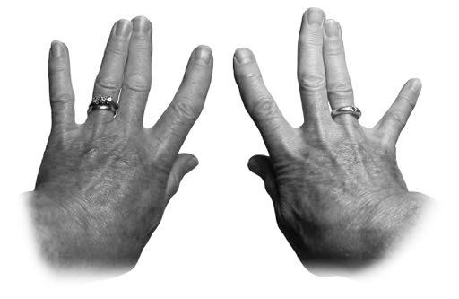Now hold your third and fourth fingers together on each hand and open spaces between the first and second and third and fourth fingers at the same time.