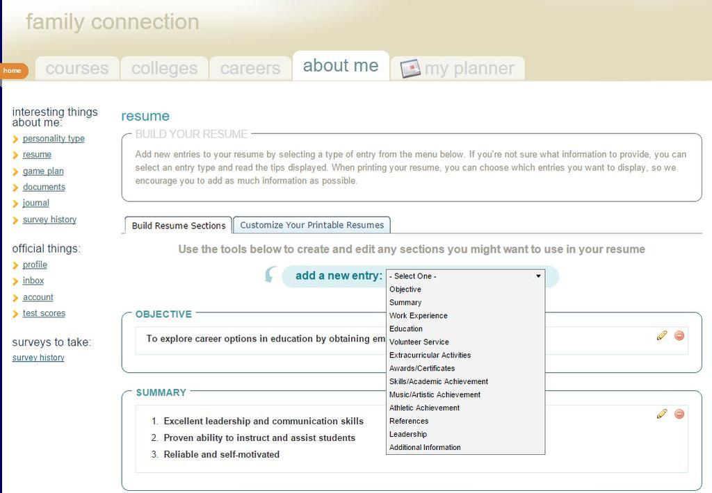 drop down menus guide students to enter work experience, community service,