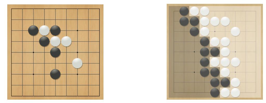 Rules of Go Usually played on 19x19, also 13x13 or 9x9 board Simple rules, complex strategy Black and white place down stones alternately Surrounded stones