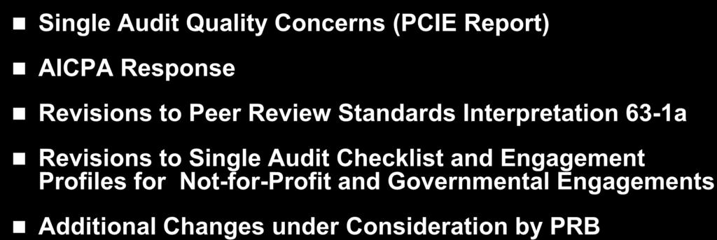Topics for Today s Conference Call Single Audit Quality Concerns (PCIE Report) AICPA Response Revisions to Peer Review Standards Interpretation 63-1a