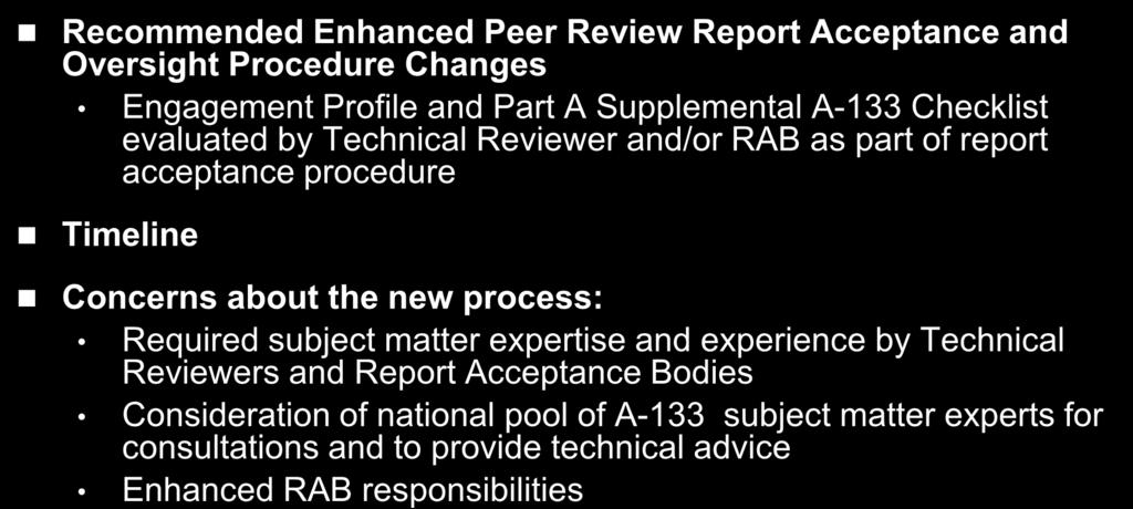 PMTF Direction and Considerations Recommended Enhanced Peer Review Report Acceptance and Oversight Procedure Changes Engagement Profile and Part A Supplemental A-133 Checklist evaluated by Technical