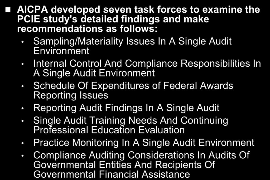 AICPA Response AICPA developed seven task forces to examine the PCIE study's detailed findings and make recommendations as follows: Sampling/Materiality Issues In A Single Audit Environment Internal